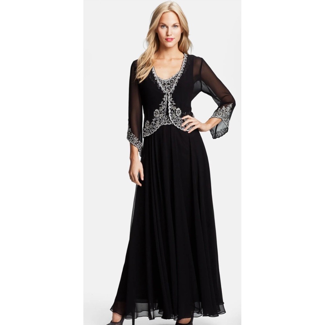 J Kara Women's Embellished Beaded Gown 2pc Dress Jacket Sz 14 Black White Gray
